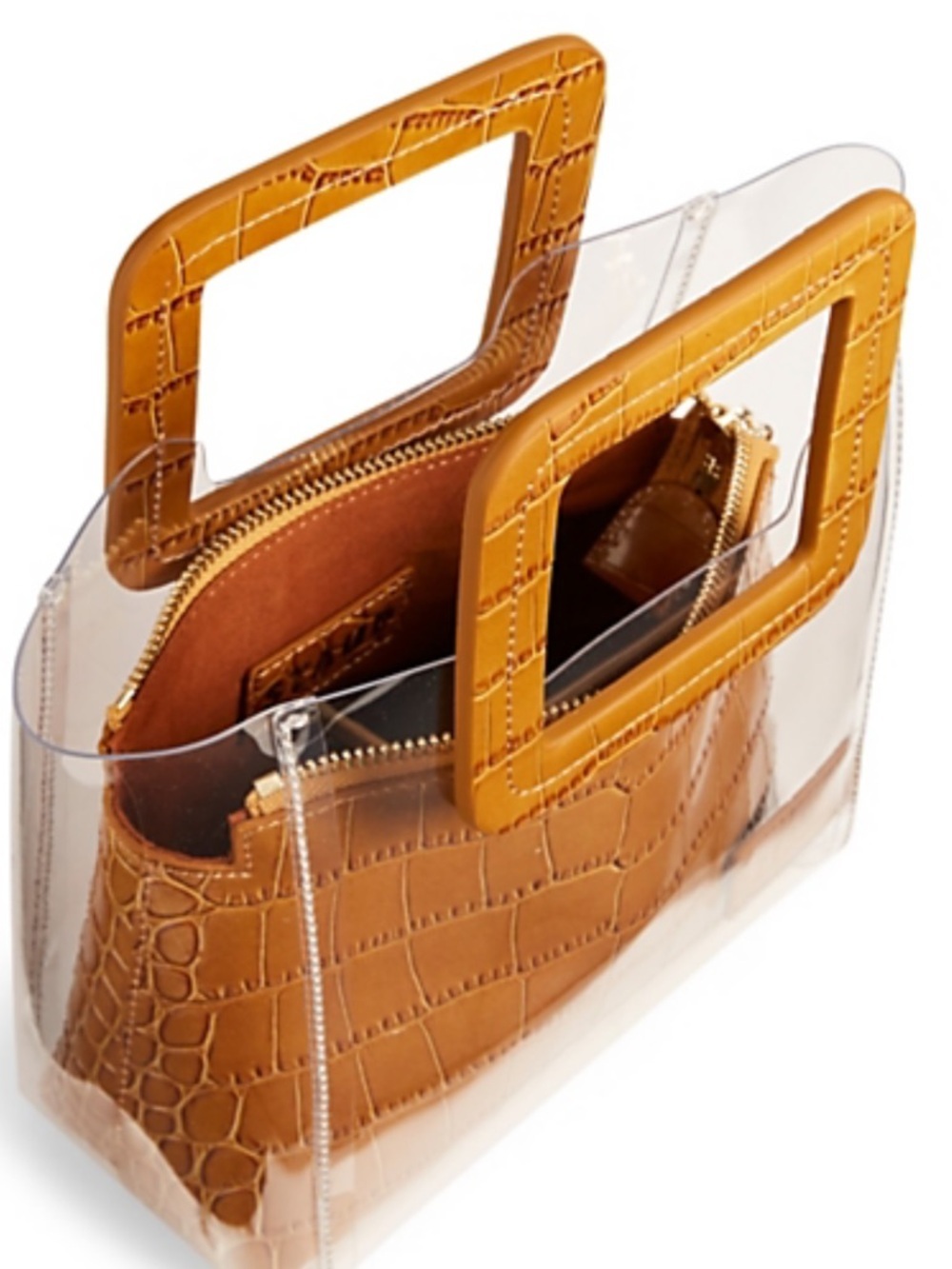STAUD Clear PVC Tote with Tan Croc-Effect Pouch and Square Handles - Picture 2 of 7